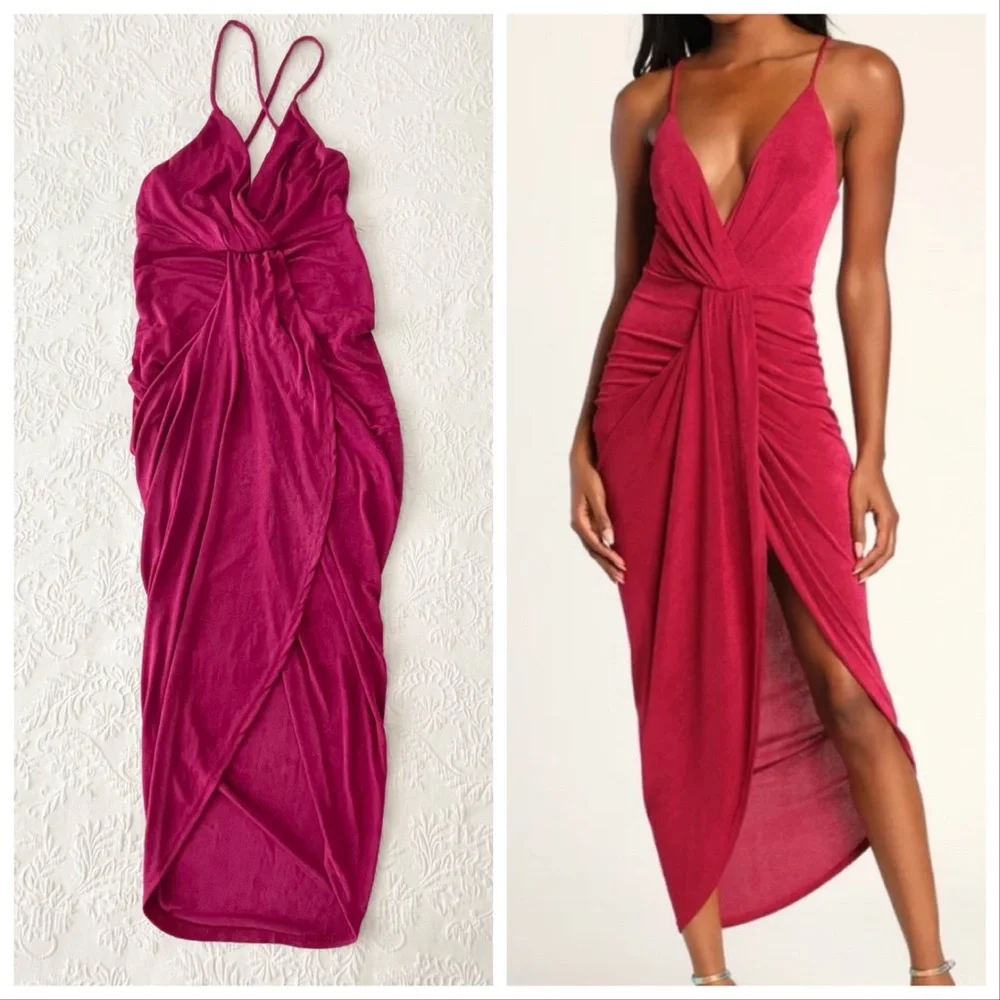 NWOT Lulus Dreamy Date Magenta Surplice Midi Dress Small - Picture 1 of 9